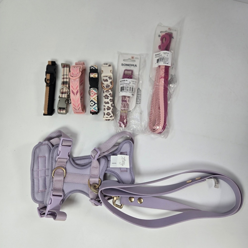 Sonoma Sport Pet Living Dog Collar Leash Harness Bundle S M Pink Purple Leopard